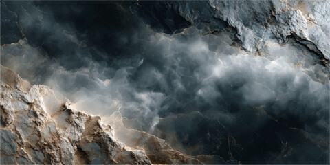 A dramatic waterfall cascades through dark mountain rocks as thick fog and a stormy cloudscape shroud the nature landscape in moody light © MDNUR