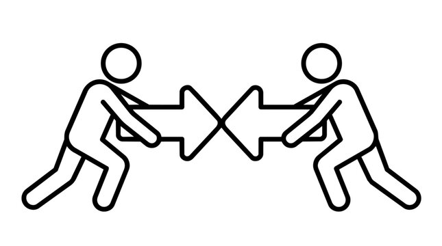 Two stick figures pushing opposing arrows conflict and confrontation concept line art