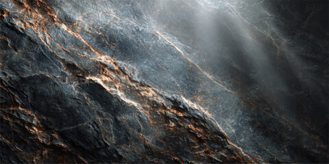 An old stone wall with a weathered wood texture stands under a dark, storm cloudy sky with motion of blue fog © MDNUR