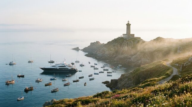 Picturesque coastal landscape from an elevated position featuring a serene bay, anchored yachts, small wooden fishing boats, and a historic stone lighthouse overlooking the calm misty ocean waters.