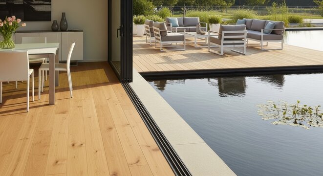 Seamless continuation of smooth light wood flooring connecting to a modern outdoor patio with a swimming pool and elegant seating area