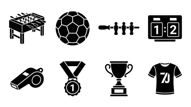 Soccer Vector Icons Set Foosball Table Ball Rod Scoreboard Whistle Medal Trophy Jersey Black White Graphic Design Collection for Athletic Game Competition Illustration