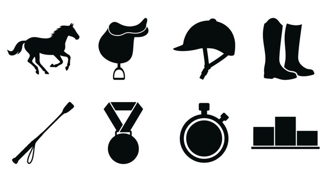 Equestrian Vector Icons Set Horse Saddle Helmet Boots Crop Medal Stopwatch Podium Black White Graphic Design Collection for Sports Riding Competition Training Illustration