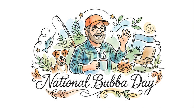 National Bubba Day Illustration, Happy Man with Dog, Camping and Fishing Outdoors Watercolor Vector Art