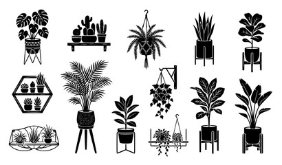 Black Plant Icons Collection with Shelves and Stands Minimal Botanical Vector Set © MdShahinoor