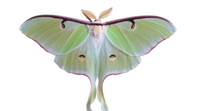 Large pale green luna moth with purple wing edges, isolated on transparent background