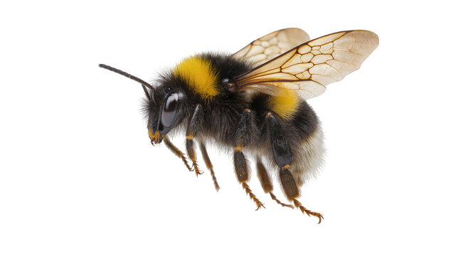 Fuzzy bumblebee with yellow and black stripes, isolated on transparent background