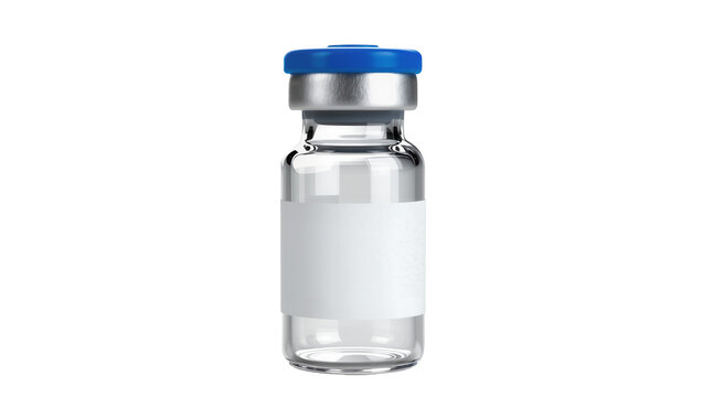 Clear glass medical vial with blue cap and blank label, isolated on transparent background