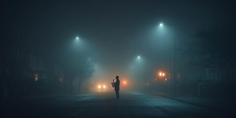 Fototapeta premium Man Standing on Foggy Empty Street at Night