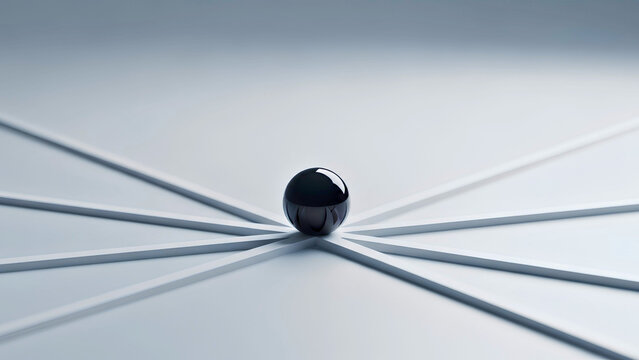 Pivotal dark sphere at the heart of radiating lines, symbolizing strategic choices, decision-making, and interconnected paths for future opportunities