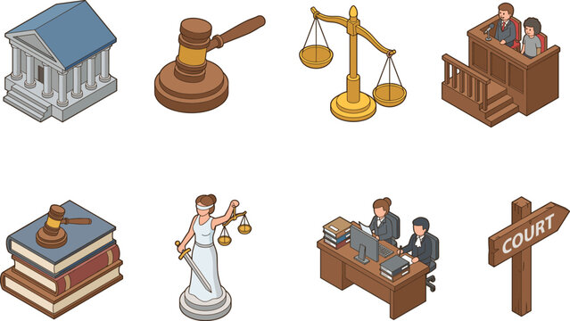 Isometric law and justice icons set on black background, legal system vector elements