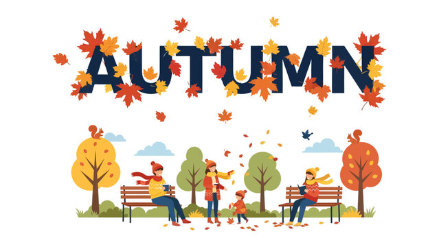 Autumn Season Festivity: Families enjoy a park setting amidst falling leaves and colorful trees, celebrating the beauty and joy of the autumn season.