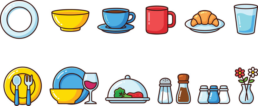 Kitchen tableware and dinnerware icon set, vector illustration of restaurant table setting