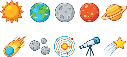 Solar system planets and space elements icon set, cartoon vector illustration of astronomy and cosmos objects © VectoStudio