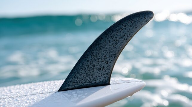 surfboard photography, white fiberglass surfboard and sleek black thruster fin stand out against the sparkling ocean at the waters edge