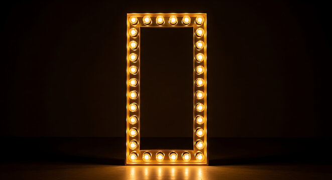 Glowing empty rectangular vanity mirror frame with bright vintage light bulbs against black background