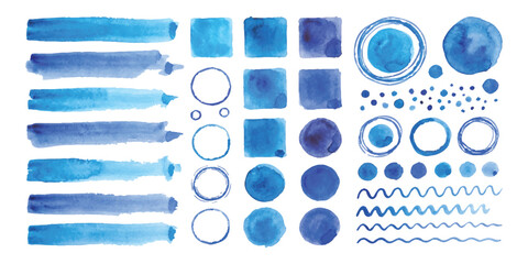 Vibrant blue watercolor texture collection with strokes circles squares and wavy lines © GraphixEra
