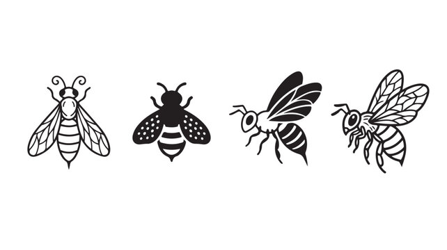 Minimalist honey bee vector icons set, black and white bumblebee illustrations, 4 stylized flying insect graphics for logo design and branding