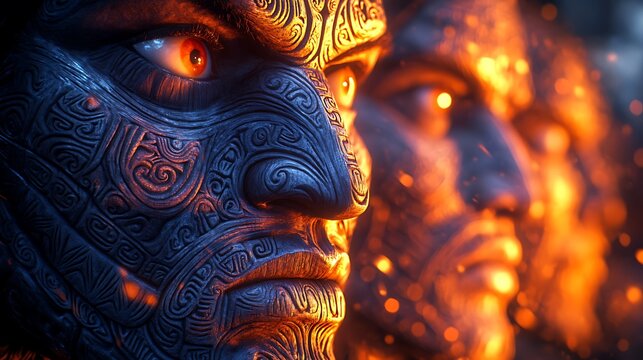 Closeup of Ancient Mori Warriors with Traditional T Moko Tattoos and Fire Glow.