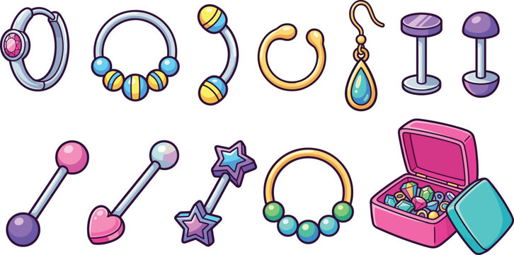 Body piercing jewelry and earrings collection set, cartoon vector illustration with a colorful jewelry box