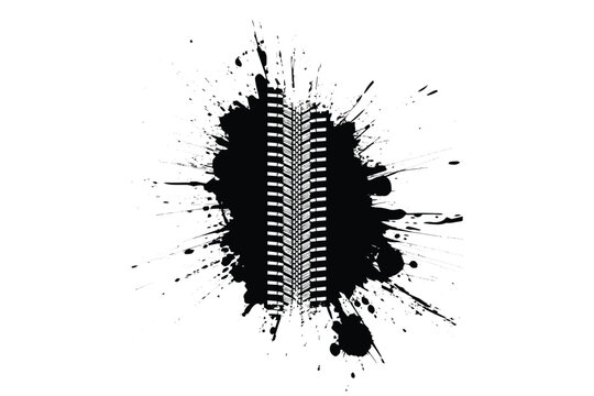 Black ink splatter with offroad tire tread pattern isolated on white background,Grunge car tire track print over creative paint splash vector graphic.