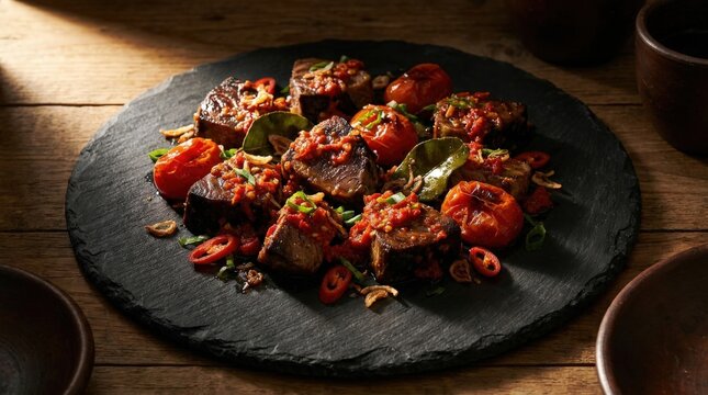 Tender tuna chunks seasoned in spicy red sambal rica rica served on a rustic black stone plate, an authentic Indonesian culinary masterpiece showcasing bold flavors and traditional cooking techniques.