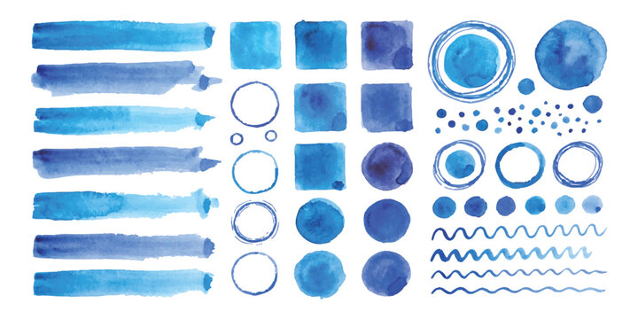 Vibrant blue watercolor texture collection with strokes circles squares and wavy lines