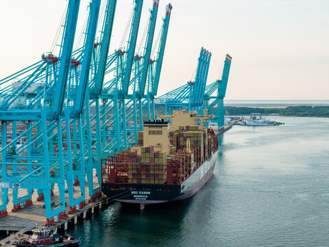 Large container ship docked at the Virginia International Gateway (VIG) terminal in Portsmouth, Virginia, with towering ship-to-shore gantry cranes loading freight cargo.