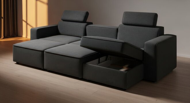 Dark gray modular sofa with open under-seat storage compartment and adjustable headrests