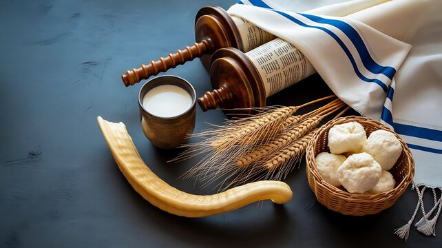 Shavuot holiday symbols including a Torah scroll, shofar, milk, cheese, and wheat