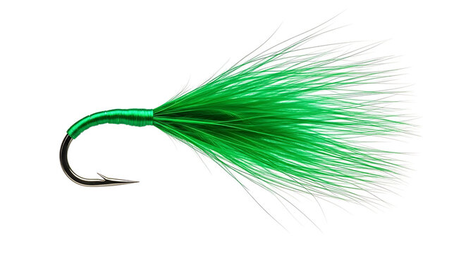 Green artificial fly fishing lure on a sharp hook isolated on white background