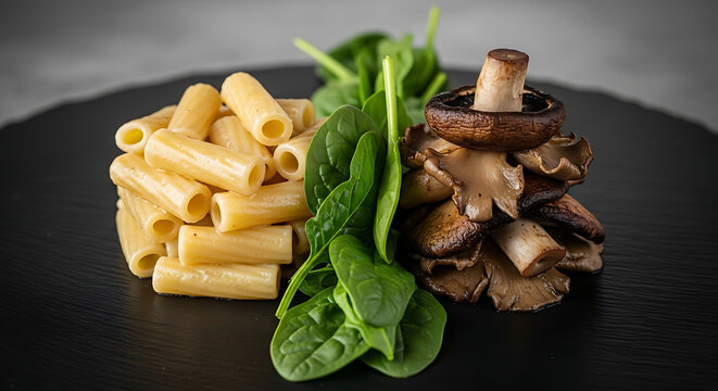 Gourmet plating of rigatoni pasta, fresh spinach, and sauteed wild mushrooms on a black slate plate
