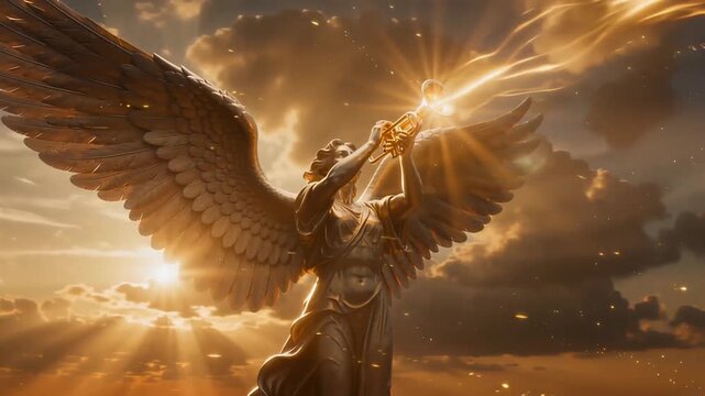 Golden statue of a winged angel blowing a trumpet against a glowing dramatic sunset sky