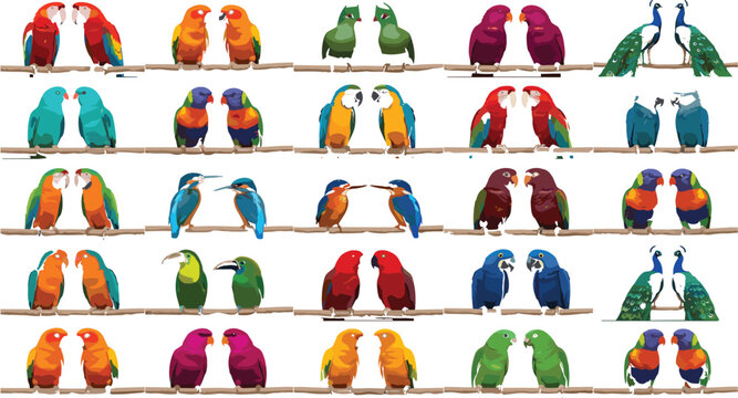 Comprehensive ornithology vector illustration set featuring diverse wild tropical birds lovebirds and parakeets sitting together on branches isolated on plain background