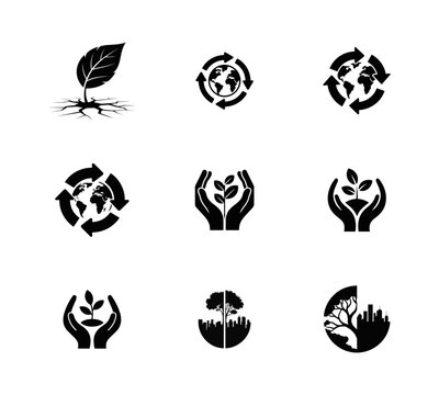 Collection of environmental featuring plant sprouts with roots earth globes with recycling arrows and hands protecting plants isolated on a white background