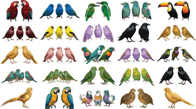 Comprehensive ornithology vector illustration set featuring diverse wild bird species lovebirds macaws canaries and pigeons in small groups isolated on a plain white background