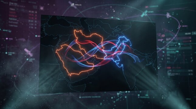 Digital map visualization of Middle East with glowing lines representing connections and data flow. Concept of geopolitical rivalry, oil politics, economic sanctions, resource control