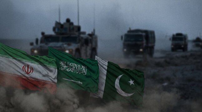 Flags of Iran, Saudi Arabia and Pakistan waving in foreground with military vehicles. Concept of geopolitical rivalry, oil politics, economic sanctions, resource control, Middle East conflict