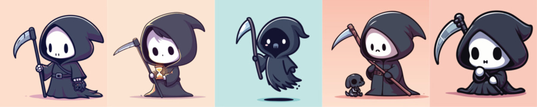 Sets of cute chibi grim reaper character illustrations with scythes.