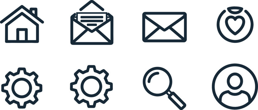 Minimalist User Interface Line Icon Set with Home, Email, Settings Gear, Search Magnifier, and Profile Symbols for Web and App UI UX Graphic Designs