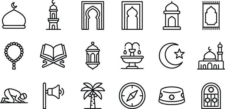 Islamic Ramadan Outline Icon Set Mosque Quran Lantern Prayer