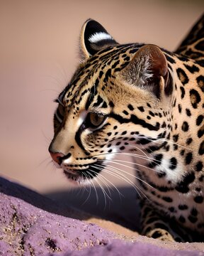  A deep brown oncilla  , northern tiger cat genetic hybrid experiment fantasy animal, fictional species in a  sand horizon