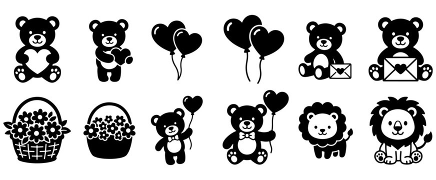 Cute teddy bear and lion silhouette vector set with heart balloons flower basket and love letters, teddy, bear, lion, character, animal, cartoon, silhouette, vector