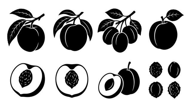 Peach fruit silhouette vector set with whole peaches half slices leaves and stone pits for organic product design