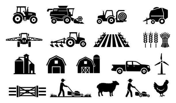 Agriculture and farming equipment silhouette vector icon set featuring harvester combine tractor barn house and field layout icons design