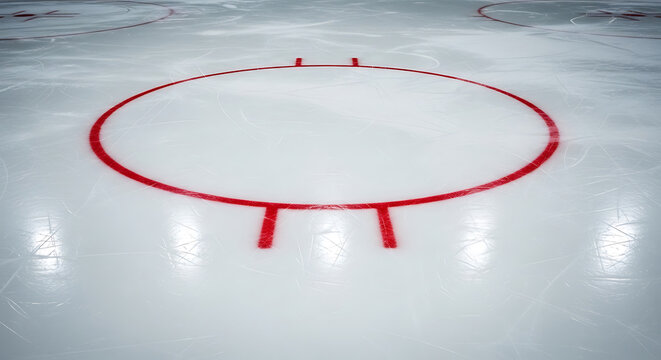 Ice hockey rink face-off circle with red lines close-up