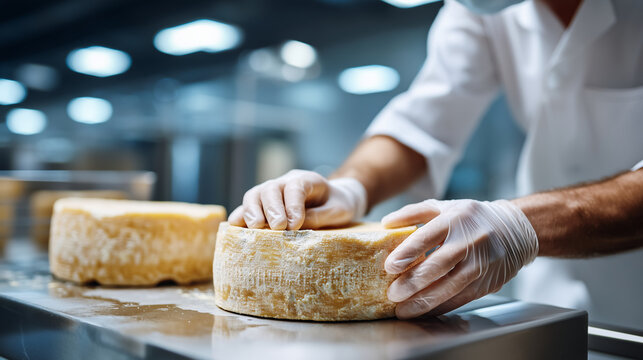 Ultra realistic commercial stock photo of hands in thin sterile rubber gloves applying dry salt rub onto aged cheese wheel surface on stainless steel production table, close-up com
