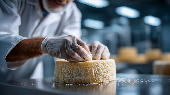 Ultra realistic commercial stock photo of hands in thin sterile rubber gloves applying dry salt rub onto aged cheese wheel surface on stainless steel production table, close-up com