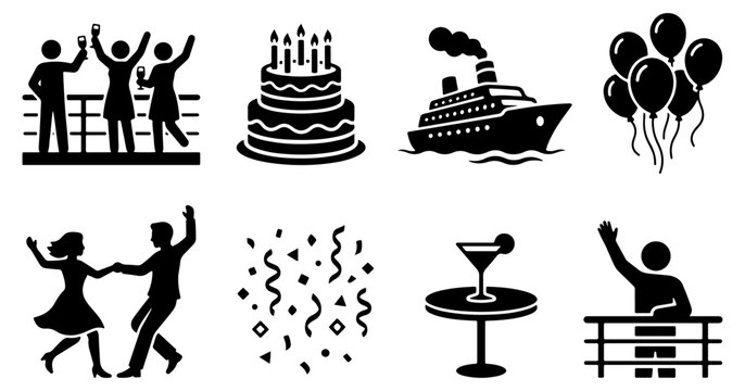 Celebration and holiday party icons set black silhouettes featuring birthday cake cruise ship confetti and cocktail glass