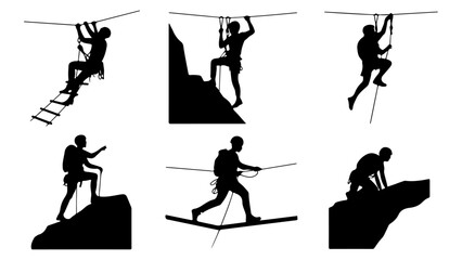 Rock climbing silhouette icons set with climber ascending mountain wall vector illustration, adventure sport collection isolated on white background © Nayan